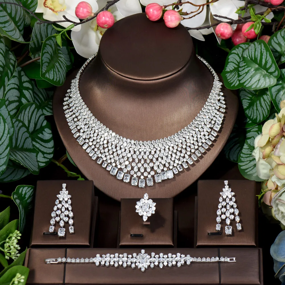 

HIBRIDE Big 4pcs Bridal Zirconia Necklace Sets For Women Party Jewelry Luxury African Dubai CZ Crystal Wedding Jewelry N-1576