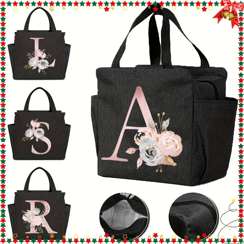 

Черная изолированная большая сумка Сумка для обеда с цветочным принтом — большая вместимость, прочная холщовая сумка через плечо для работы, офиса,