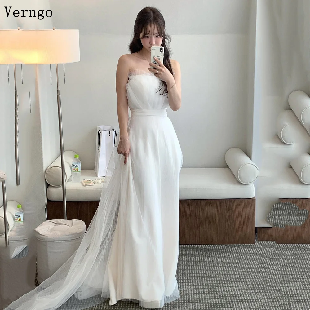 

Verngo lvory Tulle Wedding Dress Strpaless A Line Sweap Train Bride Gowns Women Simple Classy Korea Bridal Dresses