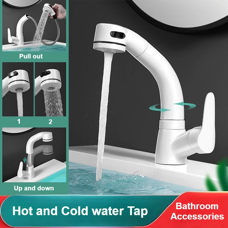 

Pull Out Bathroom Mixer Faucet Wash Basin Sink Tap Deck Mounted Universal Rotation Household Spray Stream Spout Shower Faucet