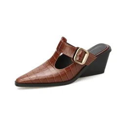 Vintage Pointed Leather 6cm Chelsea Slippers Casual Slope Heel Pumps Fashion Metal Rivets Outdoor Slippers Women's Shoes 34-40