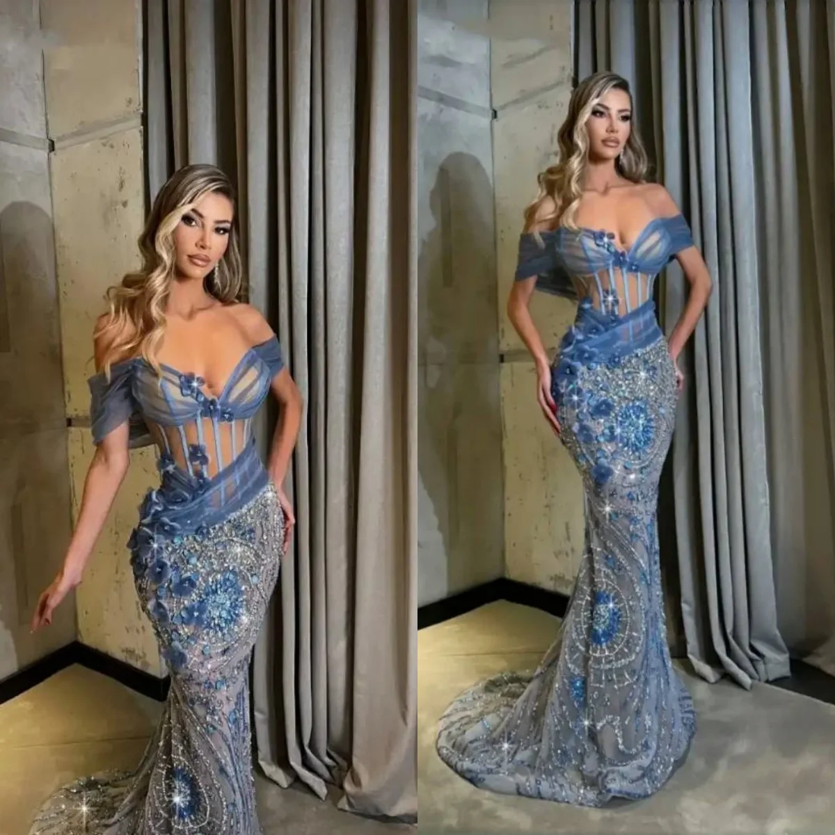

Glamorous Off shoulder Prom Gowns Sweep Train 3D Appliques Evening Dresses Crytsal Beadeds Customized Party Dresses