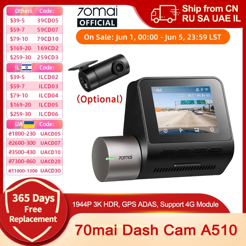 2024 neue 70mai Dash Cam A510 1944P HDR GPS ADAS 4G Konnektivität 70mai 4G Front Cam A510 Auto DVR
