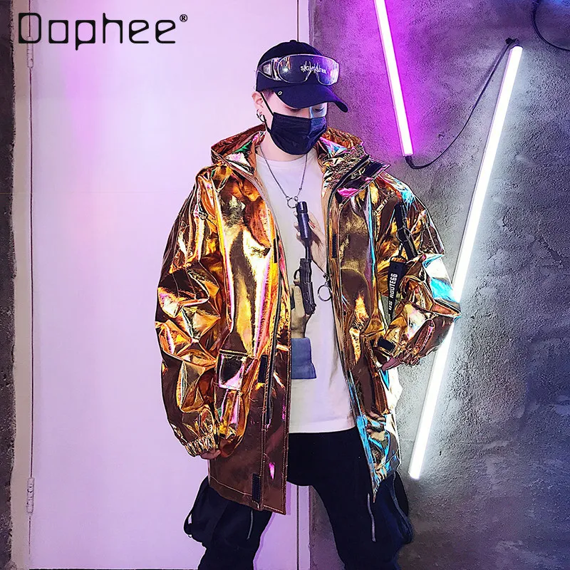 Spring and Autumn Glossy Silver Gold Loose Hooded Jacket for Men Ribbon Design Performance Hip Hop Purple Blue Jacket