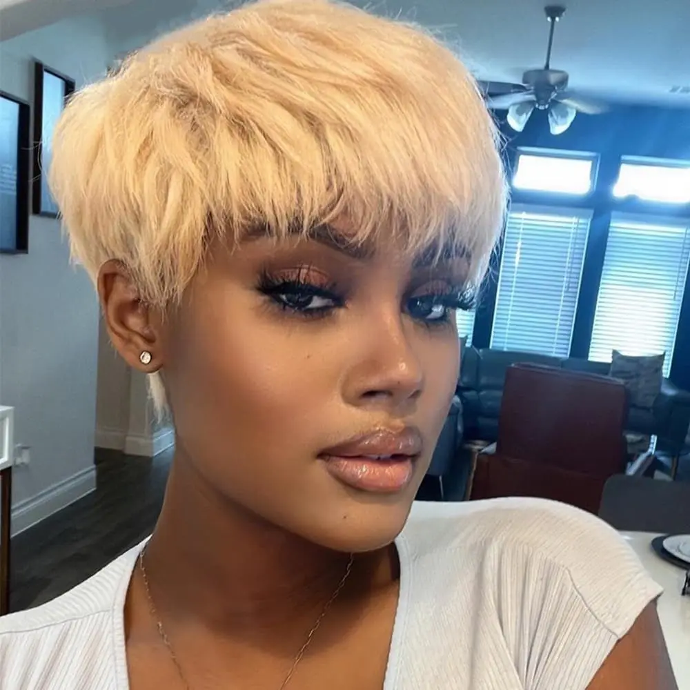 Светлые короткие парики из натуральных волос Парик с стрижкой пикси с предварительно выщипанной челкой для женщин Базильские волосы Машинное производство Прямые парики из человеческих волос