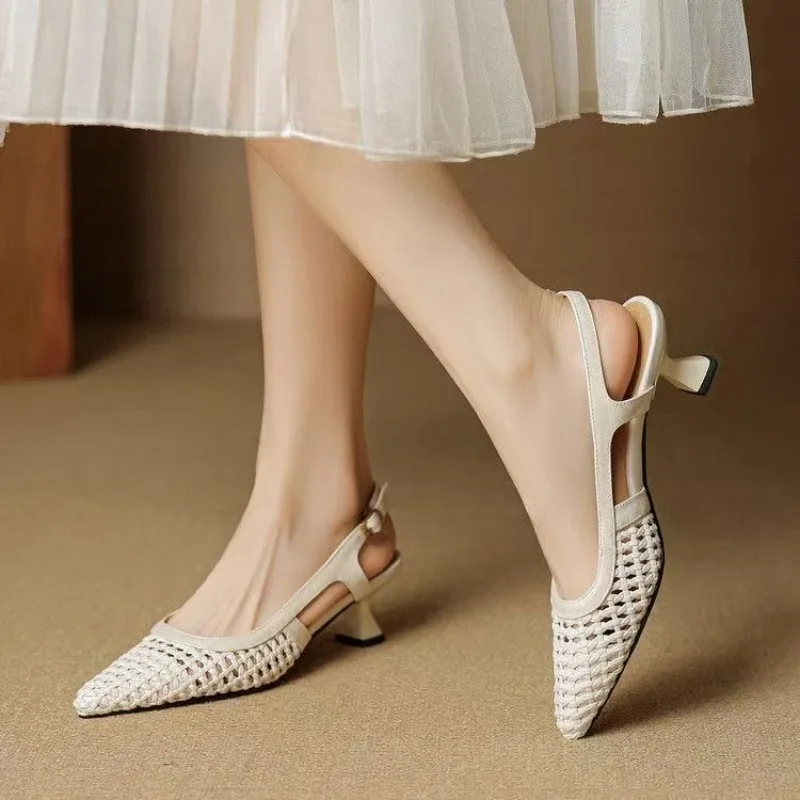 French Commuter Pointed Toe Small Heel Shoes Woven Cutout High Heel Baotou Roman Sandals Women 2026 Summer