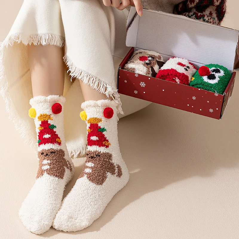 5-teiliges Damen-Strümpfe-Set, Weihnachten, zum Anziehen, niedlich, lustig, Kawaii, mittlere Röhrensocken, Winter, dick, warm, Schlaf-Bodensocken für Mädchen