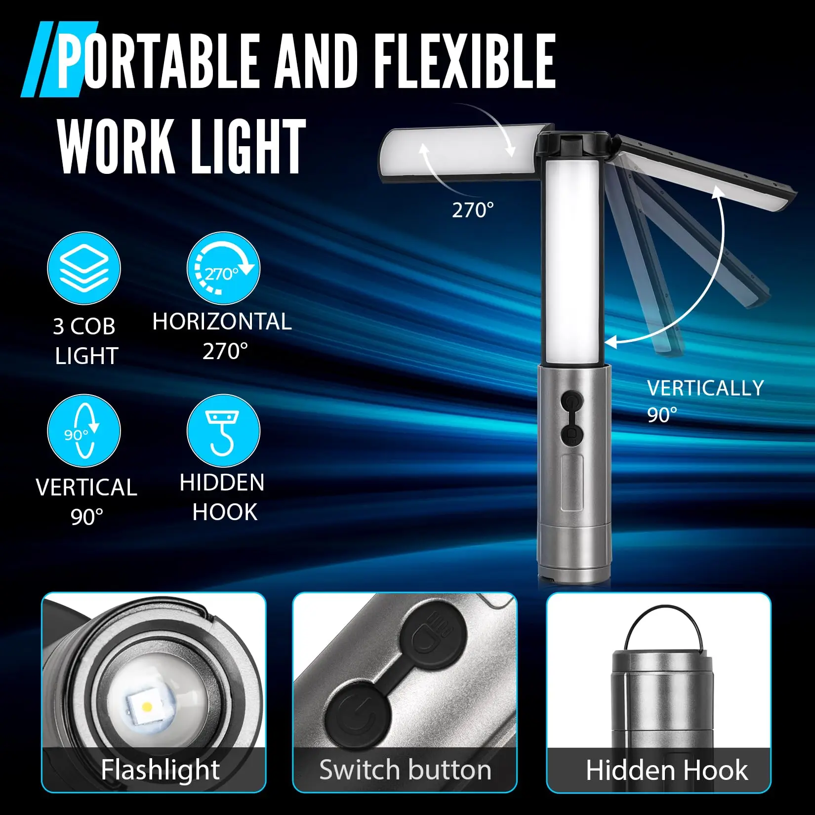 Rechargeable LED Camping Light 3000mAh Telescopic Camping Light 3 Page Head 5 Lighting Modes Waterproof Camping Flashlight