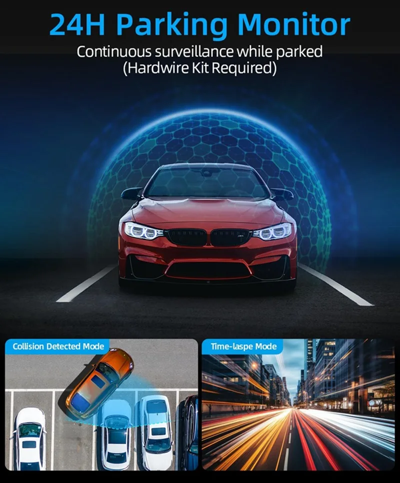 كاميرا داش للسيارة 4k 3 بوصة IPS، صورة عكسية للكاميرا المزدوجة، تسجيل حلقة، كاميرا رؤية ليلية محسنة للسيارات #4