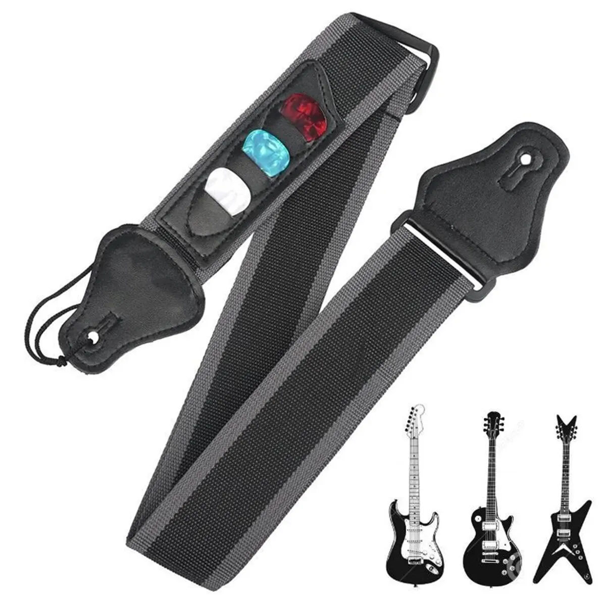 Correa de guitarra eléctrica ajustable con 3 soportes para púas de guitarra, extremos de cuero PU, correa de Bajo acústico, accesorios de cinturón