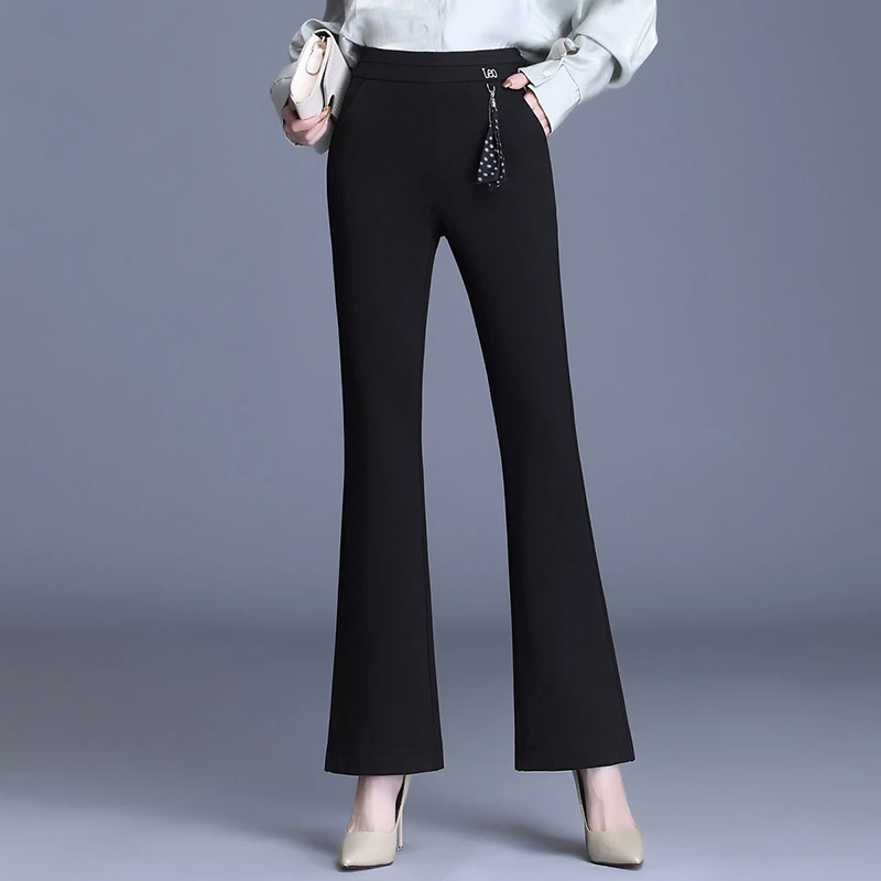 Temperament Fashion Spring Summer Pants Women Elastic Waist Solid Pocket Lace Split Office Lady Slim High Waist Flared Trousers