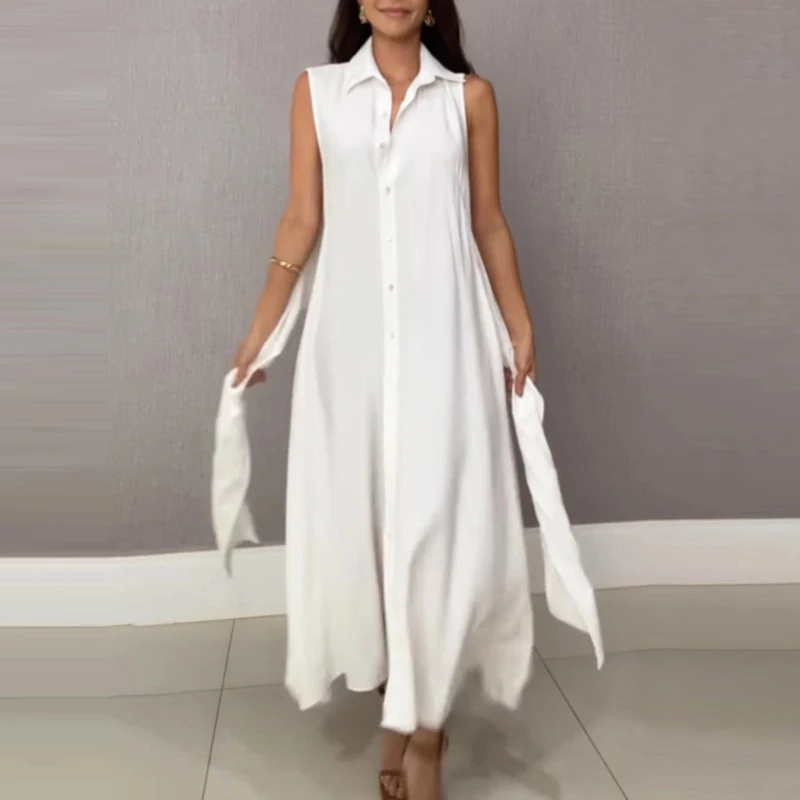 Camicie casual con lacci e risvolto senza maniche Abito elegante monopetto sottile tinta unita Abito estivo da donna Nuovo abito lungo da pendolarismo