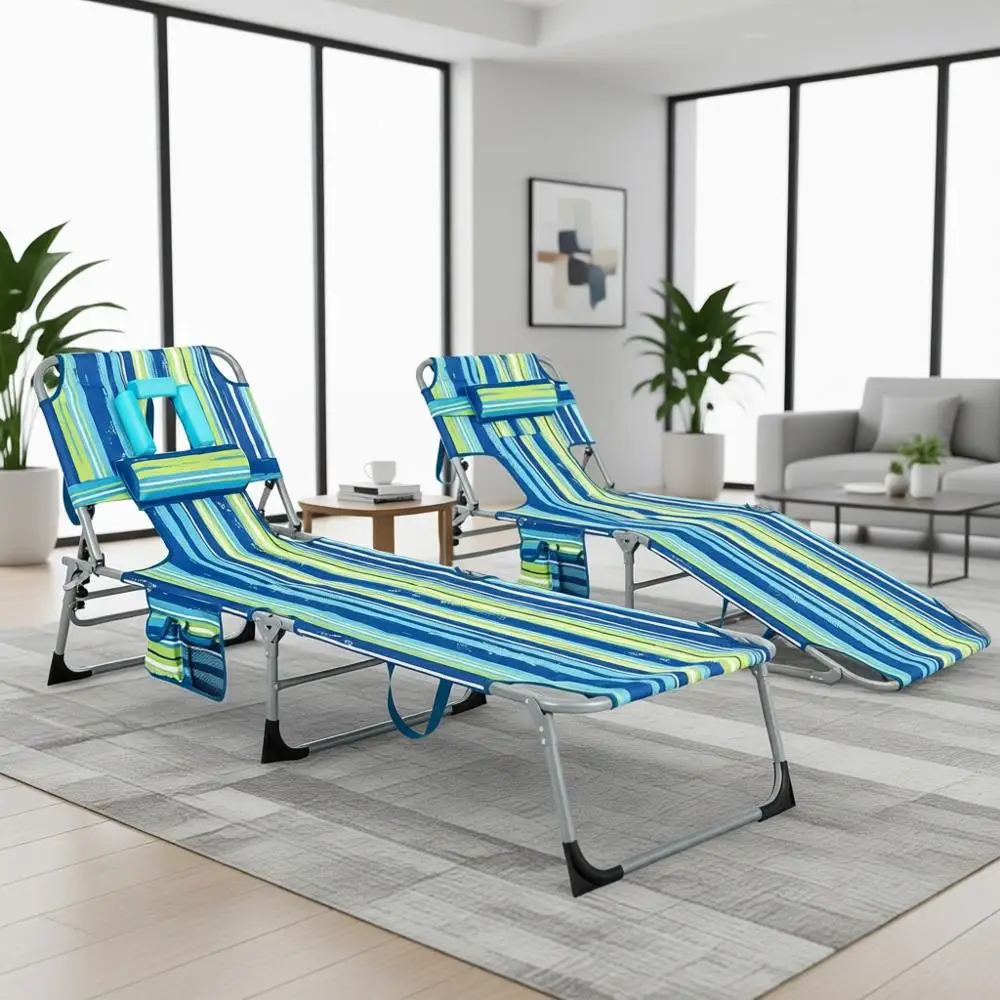 Folding Beach Lounge Chair with Sunbathing Hole, 5-Position Adjustable, Pillow & Side Pocket, Portable Outdoor Chaise for Sunbat