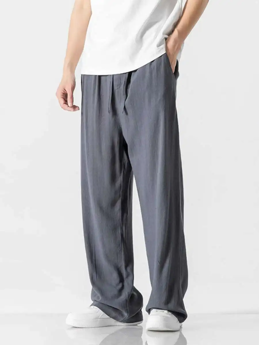 

Summer Men's Loose Straight Leg Cotton Linen Casual Pants Thin Model Classic Color Daily Wear Comfortable Long Trousers