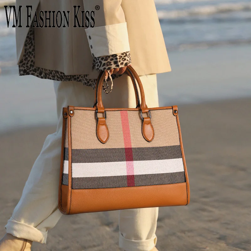 

VM FASHION KISS Stripe Canvas + Genuine Leather Women Tote Bags Large Capacity Handbag Set Casual Shoulder Bag Shopping Bag