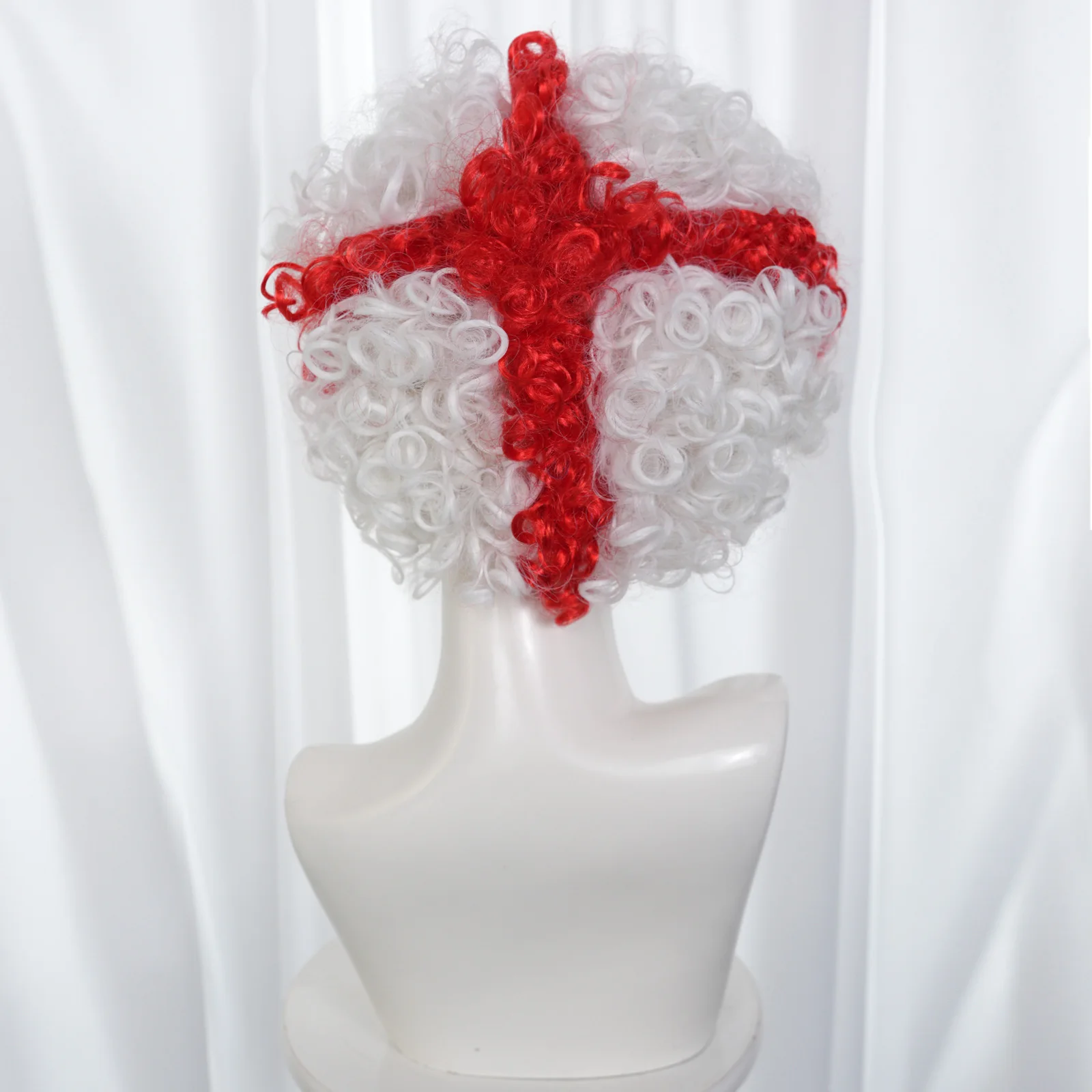 England White Red Cross Afro Curly Wig With Face Stickers Football Fan Sports Party Cosplay Wig