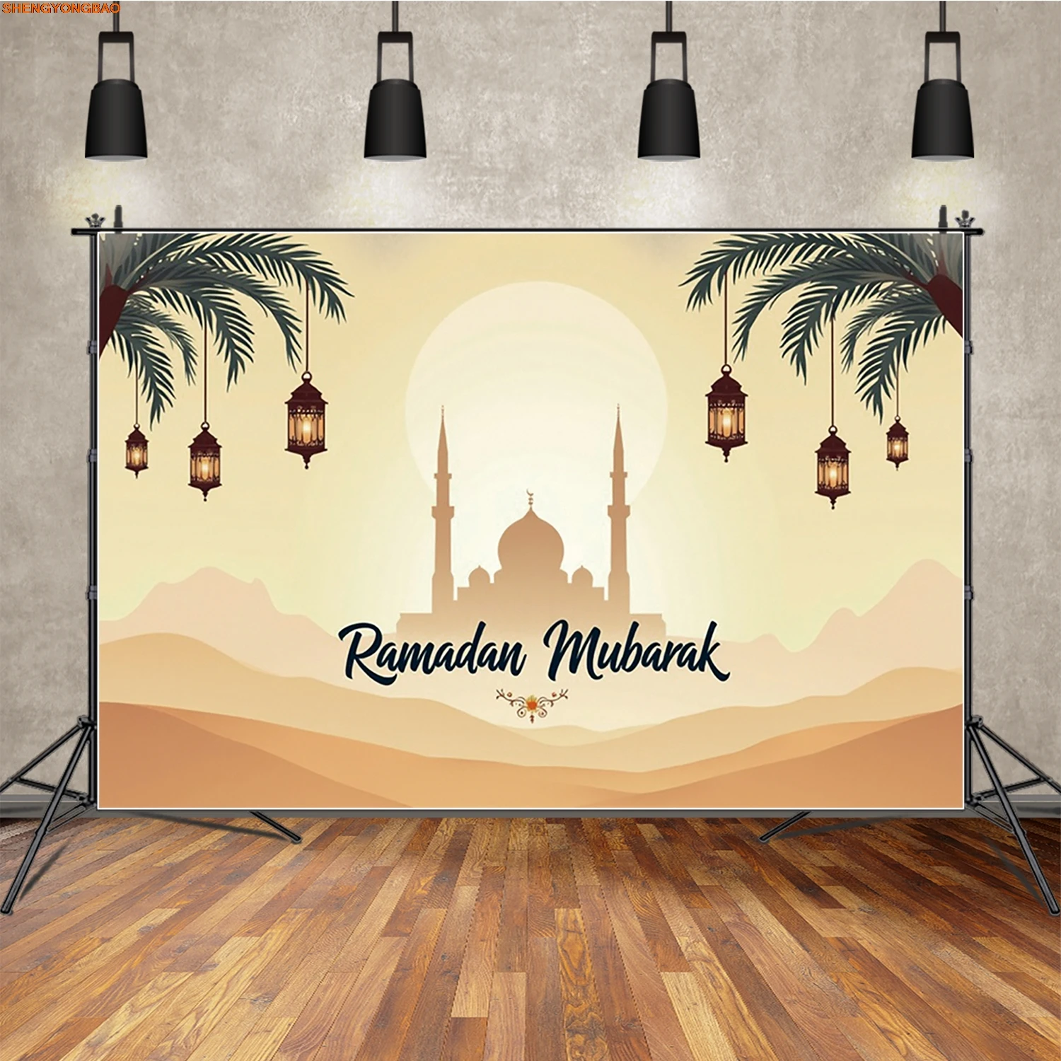

Ramadan Mubarak Mosque Photography Background Hanging Lantern Coconut Trees Photocall Backdrop Family Party Festival