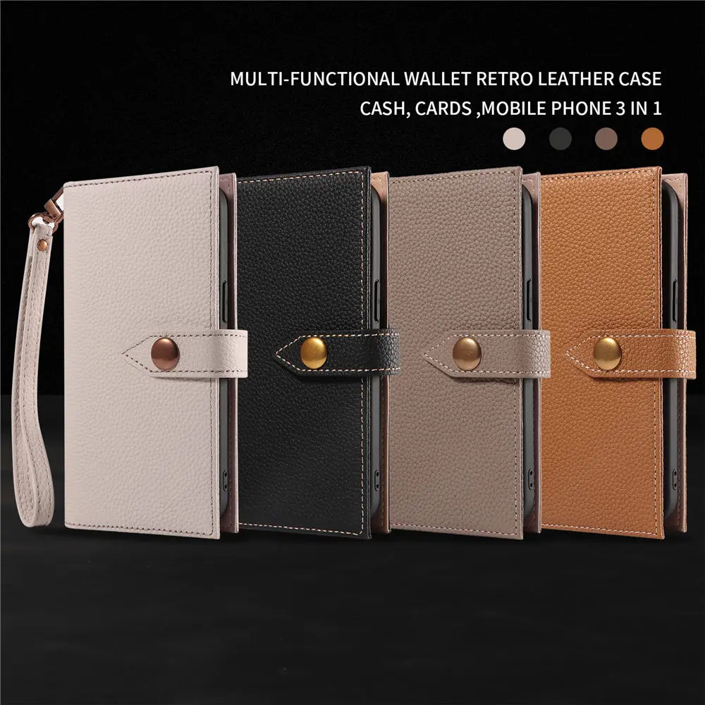 

Genuine Cowhide Leather Wallet Flip Case for iPhone 14 15 16 Pro Max Card Pocket Strap Cover
