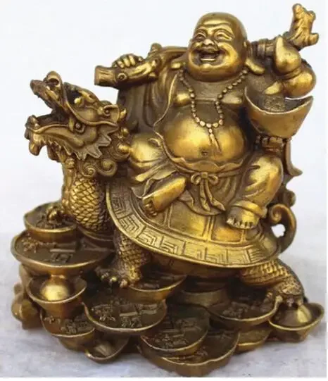 Chinese Copper Wealth Money Happy Laugh Maitreya Buddha On Dragon Turtle Statue