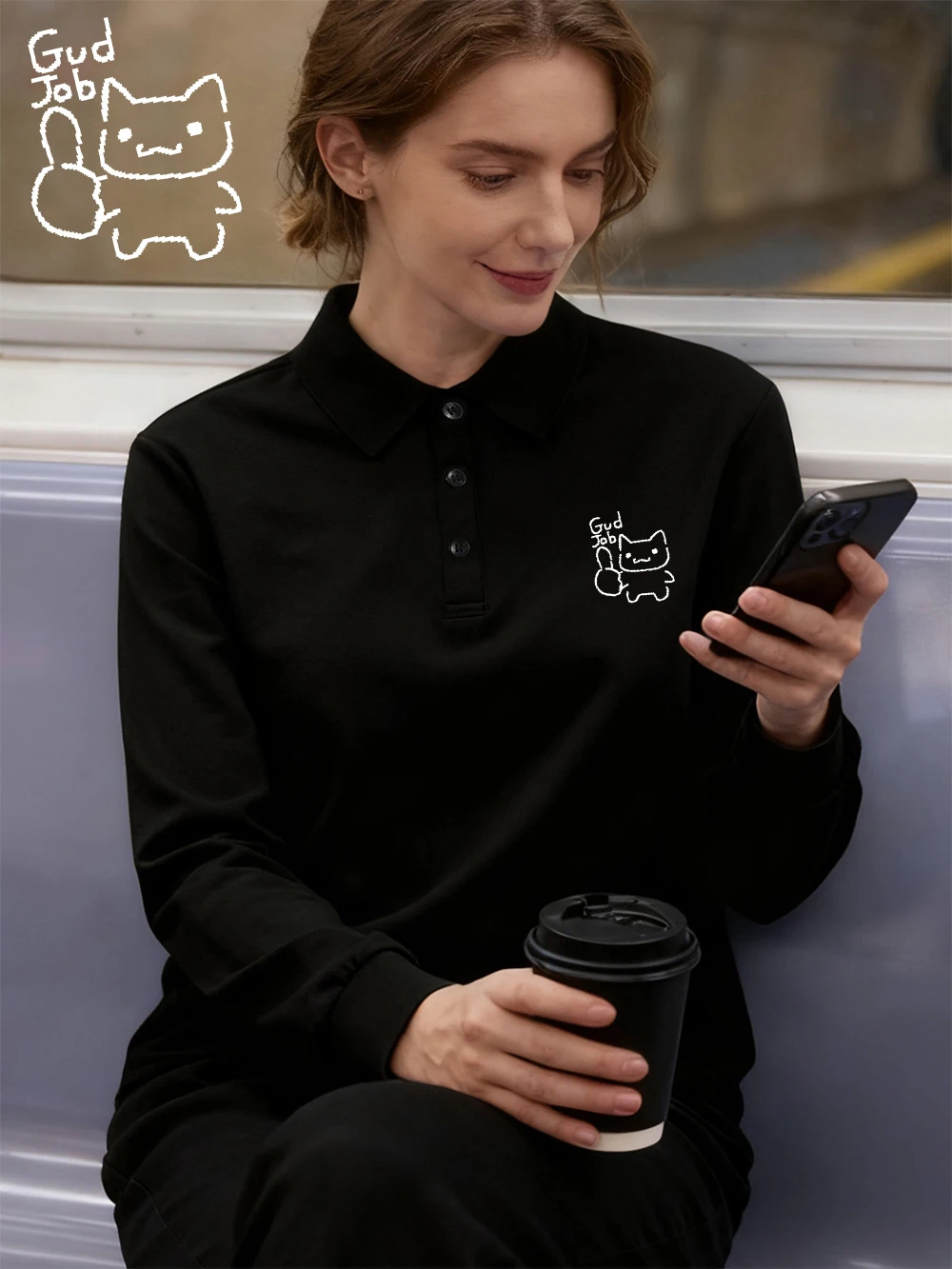 Koszulki polo z nadrukiem Pixel Cat God Job, damskie zimowe koszulki z długim rękawem, koszulki do pracy, koszulki golfowe z kołnierzykiem, sportowe, dopasowane bluzki damskie