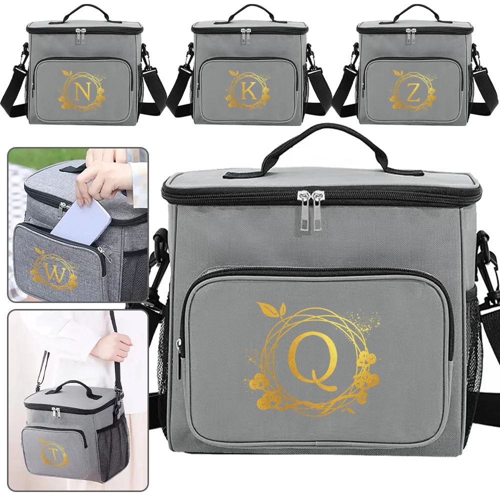 2024 Lunch Tote for Student Thermal  and Waterproof Grey Color with Cute Zipper Food Container Wreath Printing Series