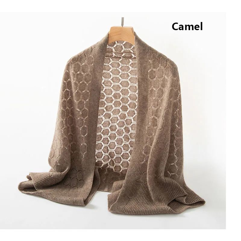 Spring and Autumn Women Hollow Solid Color Cashmere Multi-functional Scarf Temperament Elegant Button-free Knitted Wool Shawl