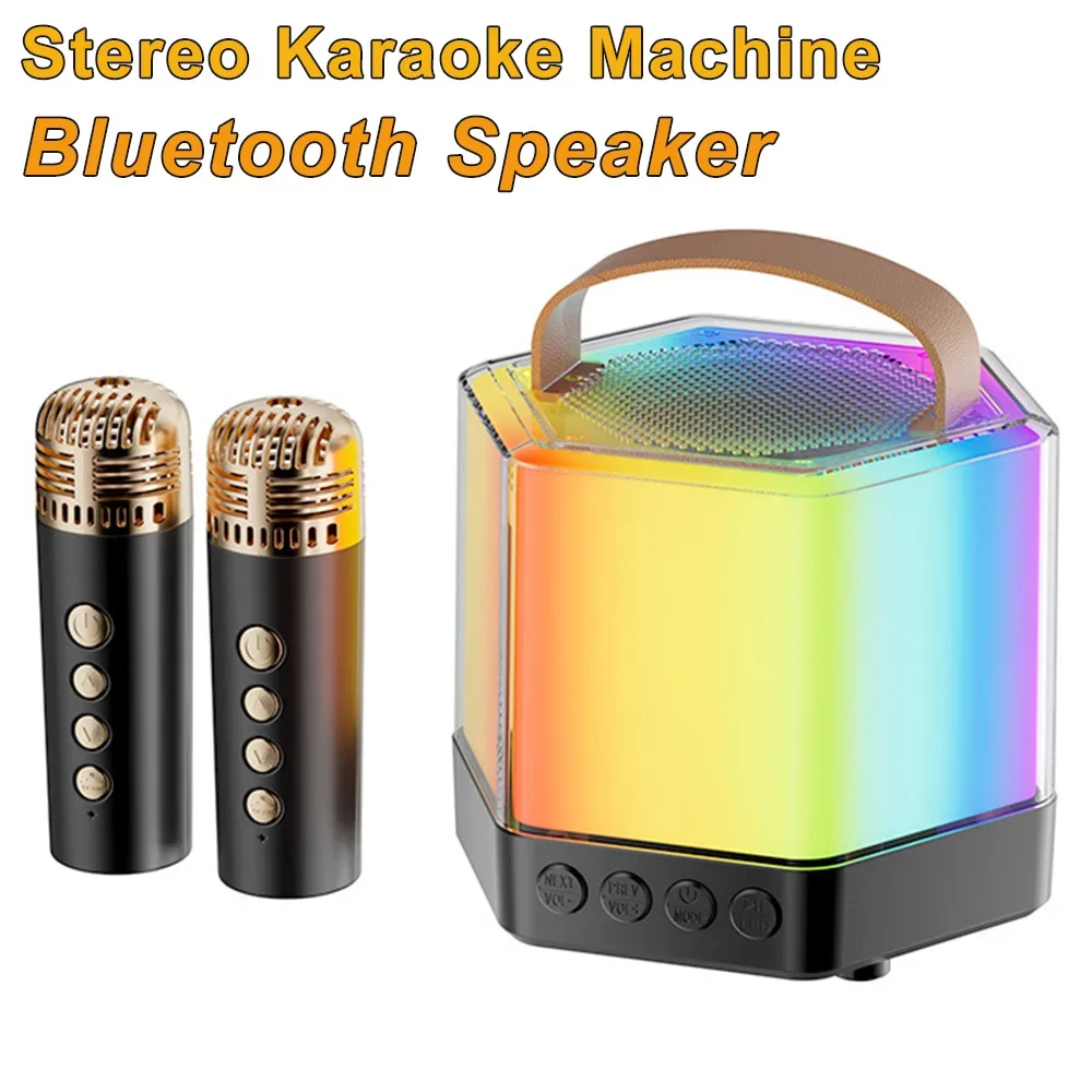 Family Stereo Audio Bluetooth Speaker Colorful Karaoke Machine with Duel Mic Support AUX Multi-Function Portable Music Player