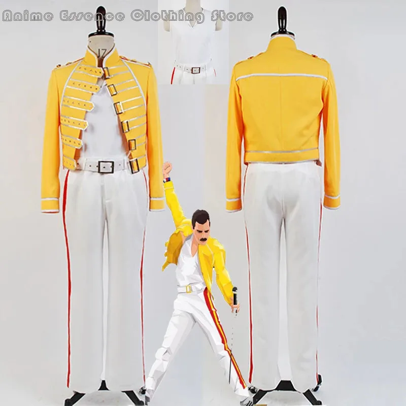 Queen Lead Vocals Freddie Mercury Cosplay Costume Yellow Jacket Pants Adult Men Outfit Uniform Cosplay Halloween Carnival Costum