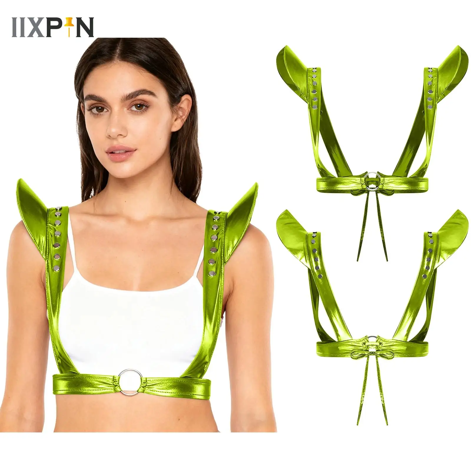 

Womens Metallic Shiny Body Chest Harness Fly Sleeves Flat Round Rivets Punk Body Belt Body Accessories for Club Raves Dance