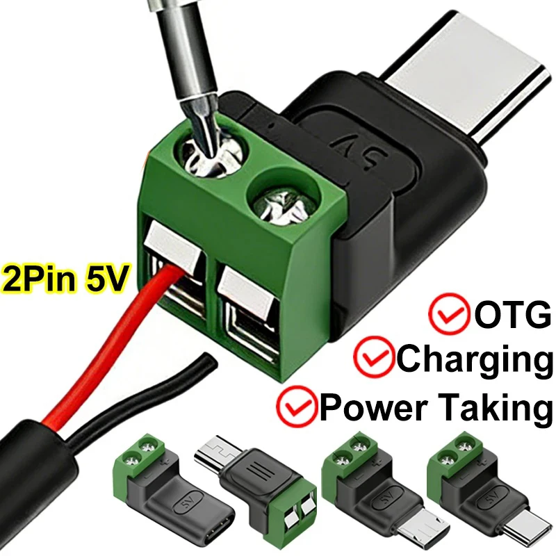 Typ C/Micro-Buchse auf 2-Pin-Klemmenblock, lötfreier Ladeanschluss, 5V USB-C-Schraubklemmen, lötfreier Stecker, OTG-Adapter