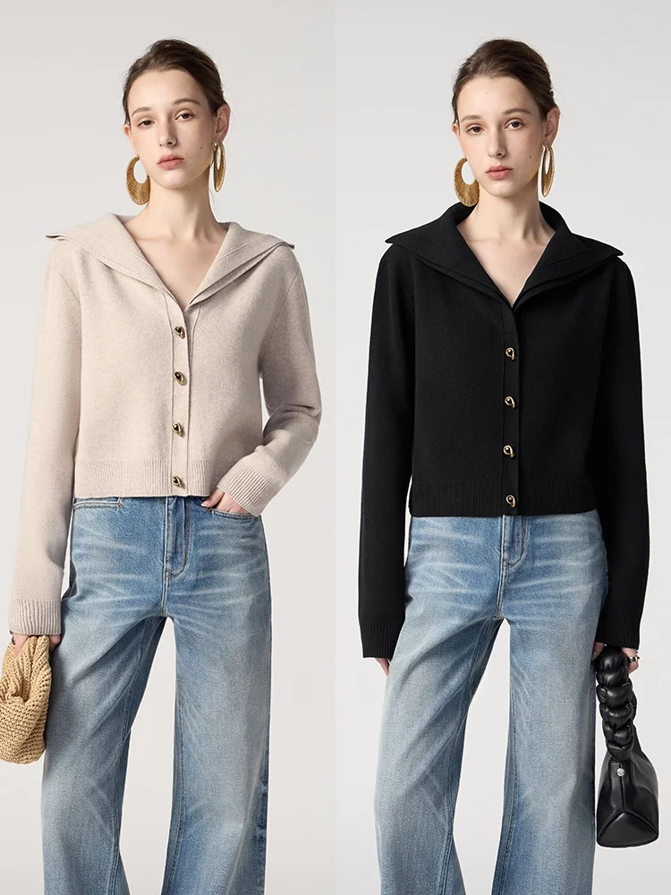 

SVLI Vintage Sle Double Layered Navy Collar Knitted Sweater Woolen Open Cardigan Casual Loose Fit Long Sve Ladieswear