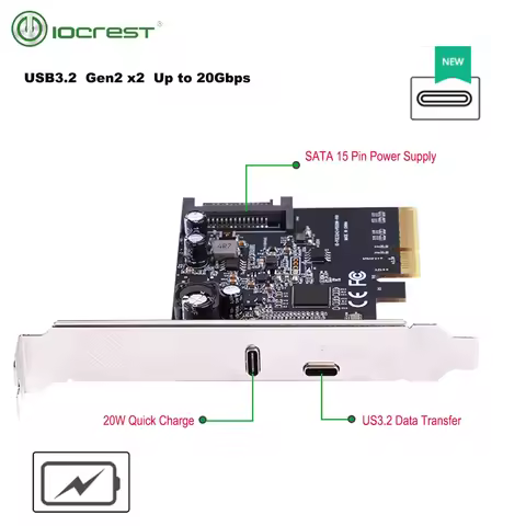 PCIE 3.0 To USB 3.2 Type-c 2 Port 20G Data Transfer and 20W Quick Charge PCIE X4 for USB-C Dual Ports Expansion Controller Card