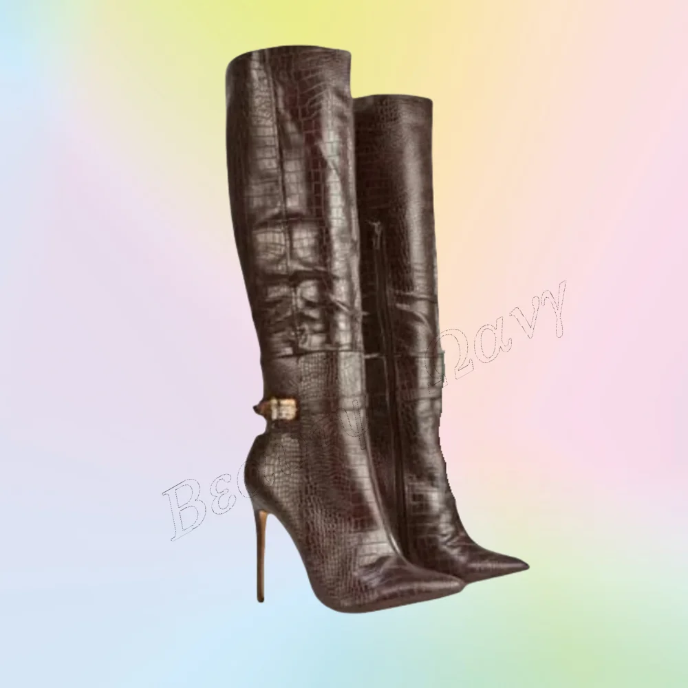 

Brown Stone Print Boots Side Buckle Pointed Toe Knee High Shoes Square Heel Shoes for Women Shoes 2025 Zapatos Para Mujere