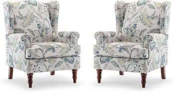 Image Accent Living Room Chairs Set of 2,High Back Mid Century Chairs,Sofa Chair for Living Room,Office, Modern Arm Chairs,Blue Floral