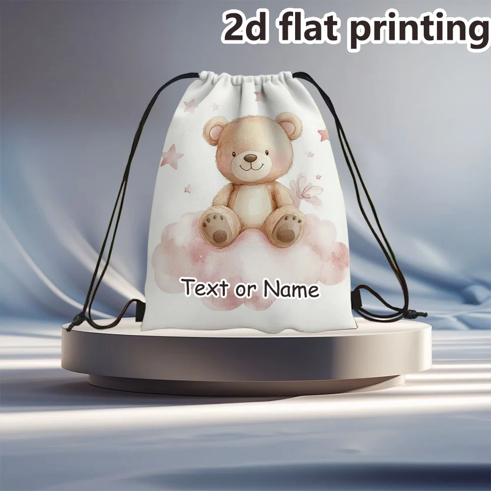 1Pc Personalized Teddy Bear Pattern Custom Text/Name Drawstring Bag, Lightweight Travel Sports Bags Gym Sack Storage Backpack