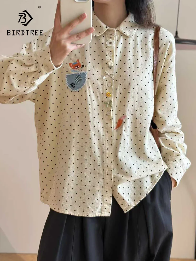 

New 2025 Winter Cotton Long Sleeve Brushed Shirt, Women Lapel Embroidery Dot Print, Mori Girl Fashion INS Loose Blouse T5N920CC