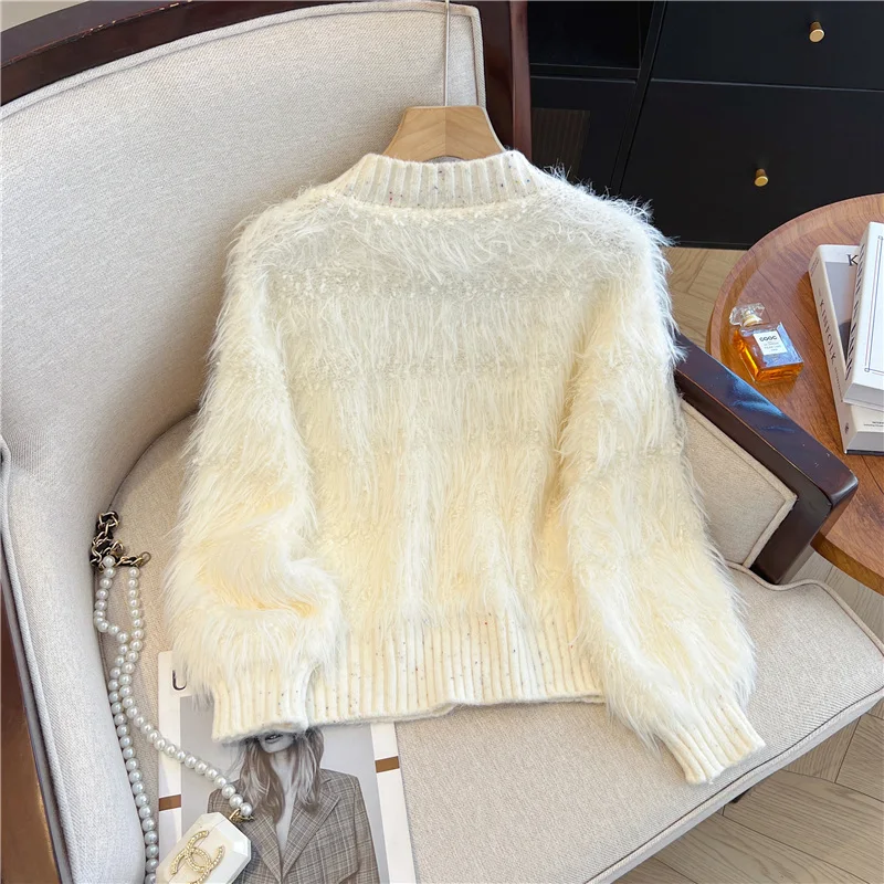 Imitation mink velvet thickened knitted jacket women's autumn and winter new small fragrance style high-end loose sweater