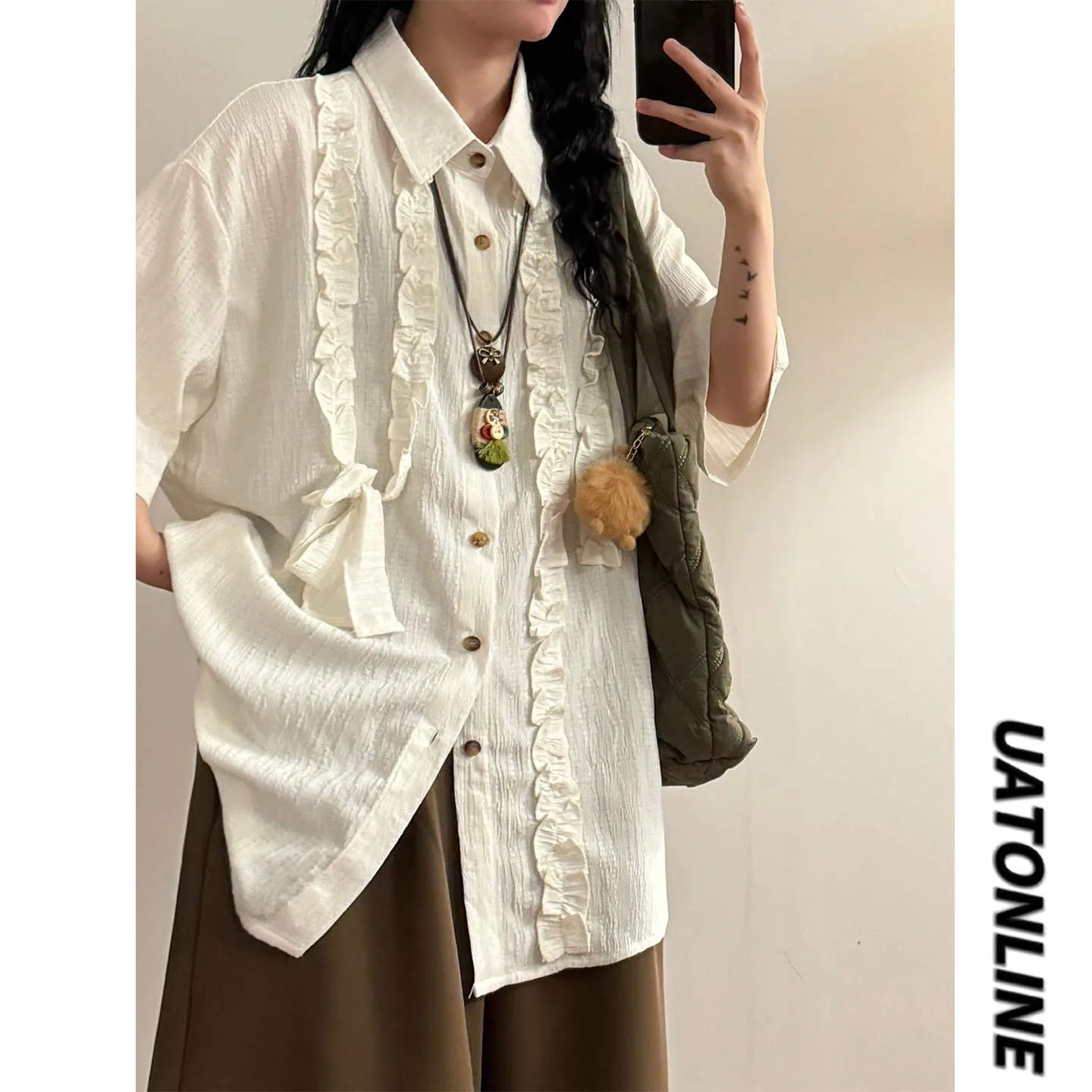 

UATONLINE2026 Рубашка унисекс в стиле ретро, японский стиль, свободный крой, повседневная, с коротким рукавом, с принтом под дерево, уличная одежда