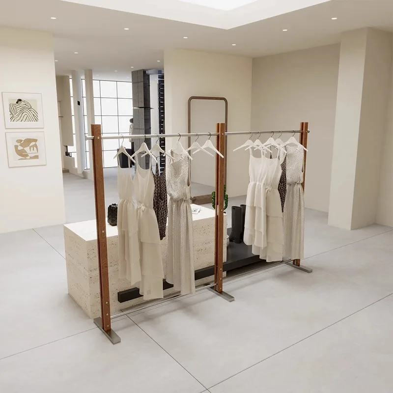 Clothing store display rack, walnut medieval hanger, women's clothing buyer's store stainless steel floor solid wood