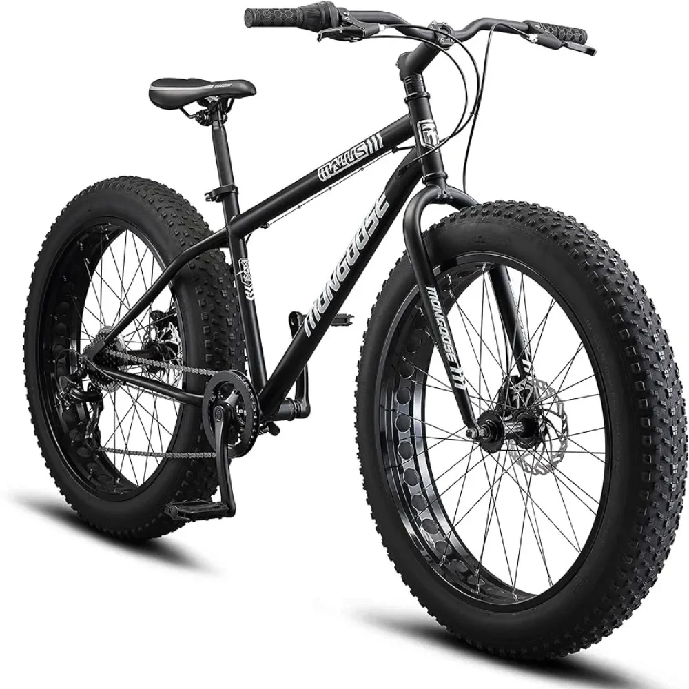 

Mens and Women Fat Tire Mountain Bike, 26-Inch Bicycle Wheels, 4-Inch Wide Knobby Tires, Steel Frame, 7 Speed Drivetrain