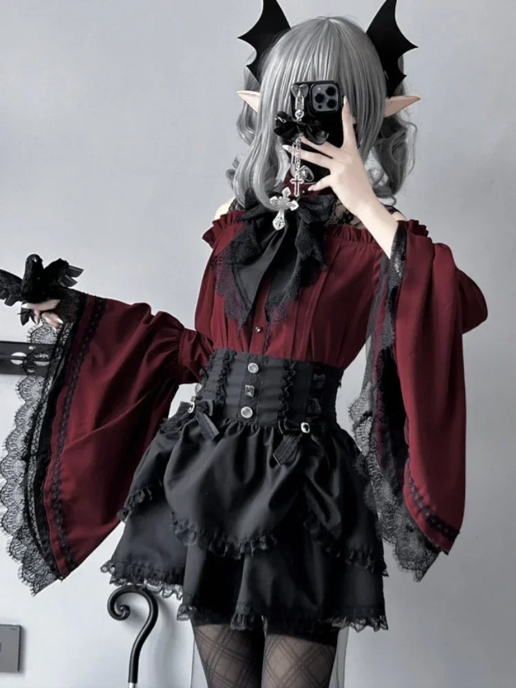 Original Japanese Mine Series Mass Production Sweet Bow Lace Long Sleeve Shirt Lolita Girl Female New Autumn Blouse Tops