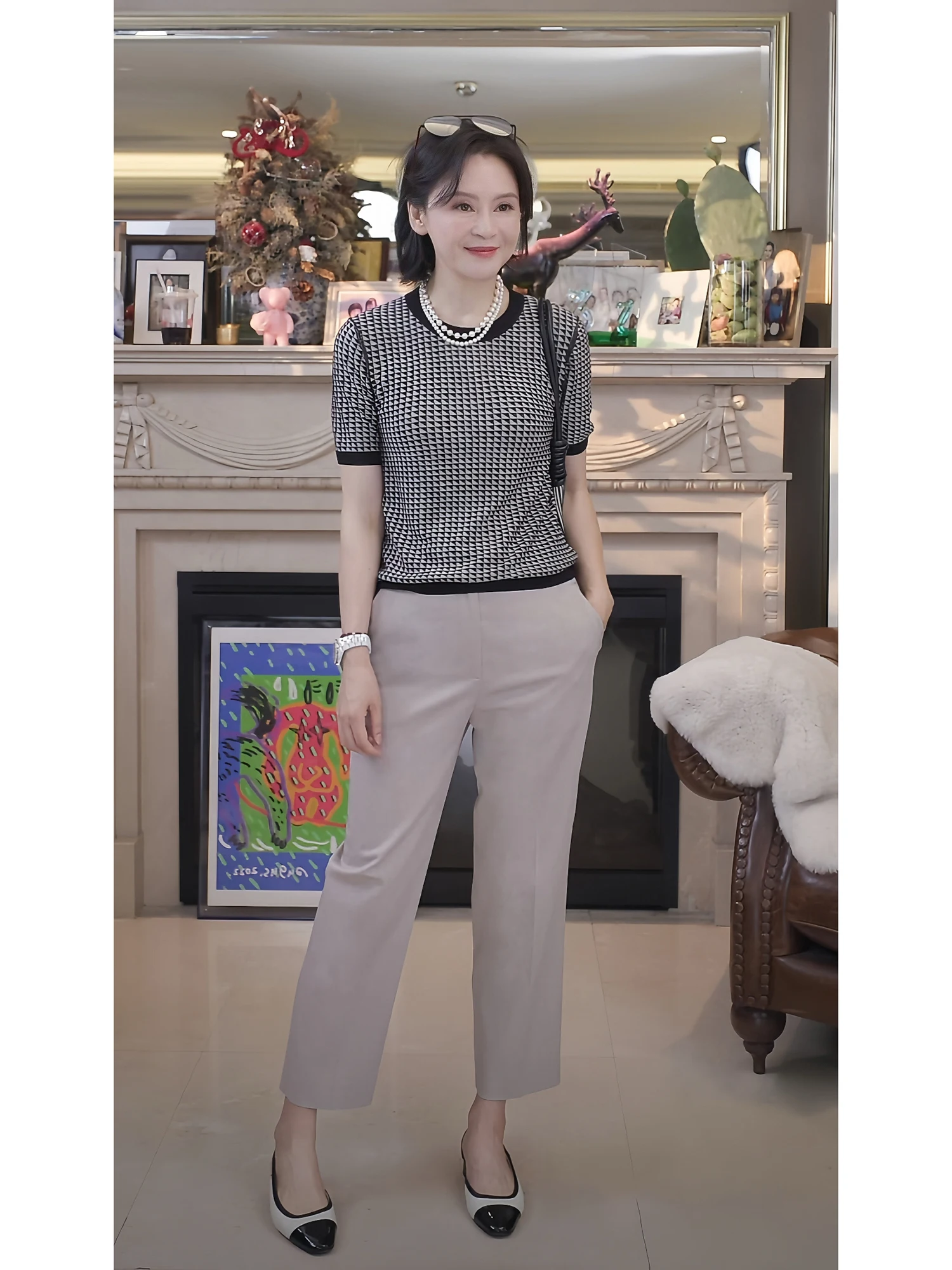 

London Eighth Knitted Short Sleeve round Neck Small Shirt Double Thread Silk 18 Needles Low round Neck Regular Length