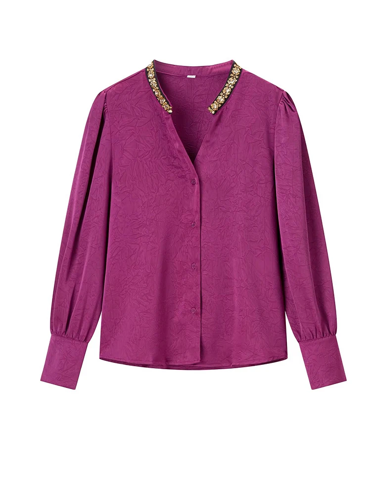 

Женские розово-красные атласные рубашки с v-образным вырезом и бисером, однобортные блузки, топы с длинными рукавами