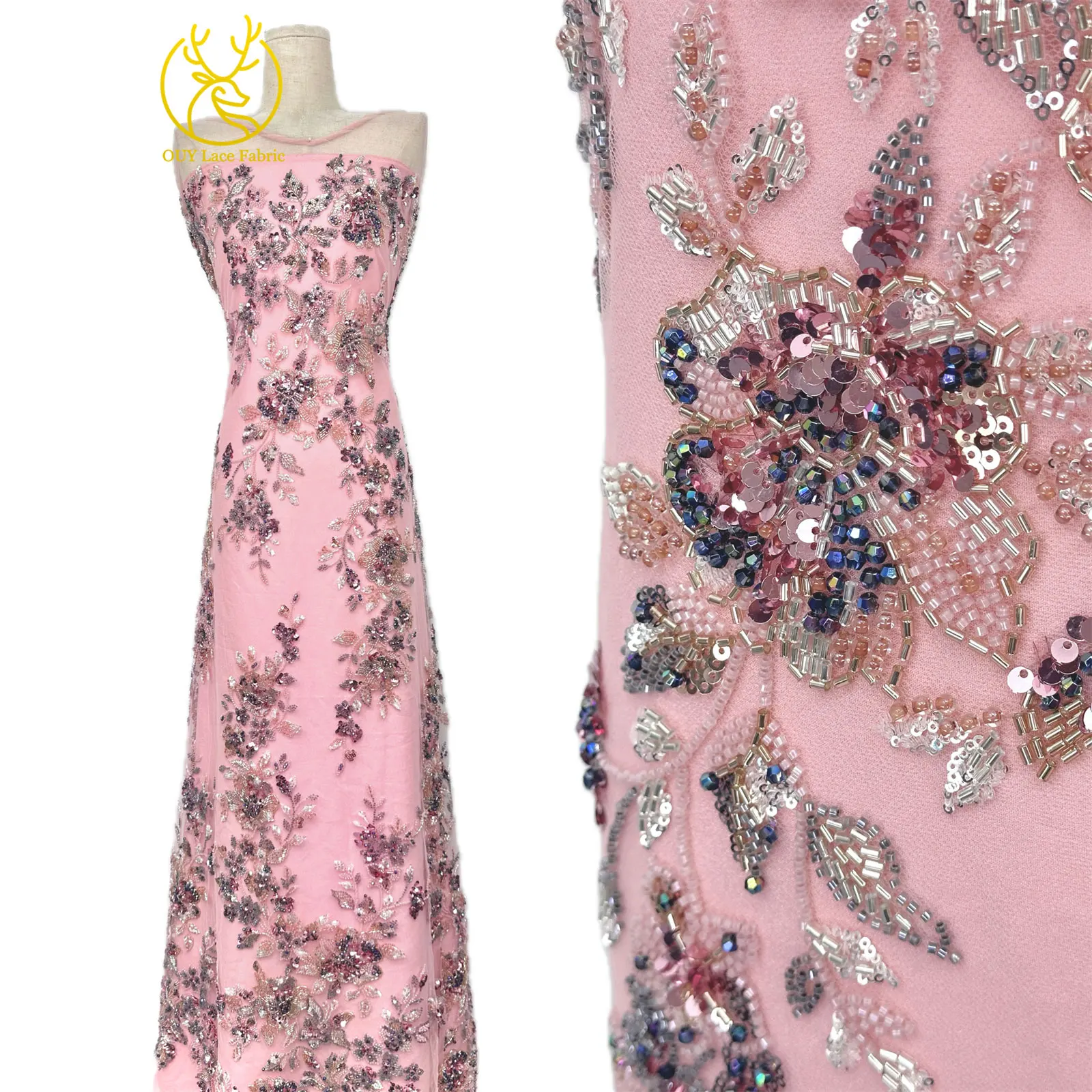 Elegantes neues Design, nigerianischer handgefertigter, stark perlenbesetzter Spitzenstoff, luxuriöse afrikanische französische Pailletten-Spitze für Damen-Partykleider zum Nähen – Detail 5