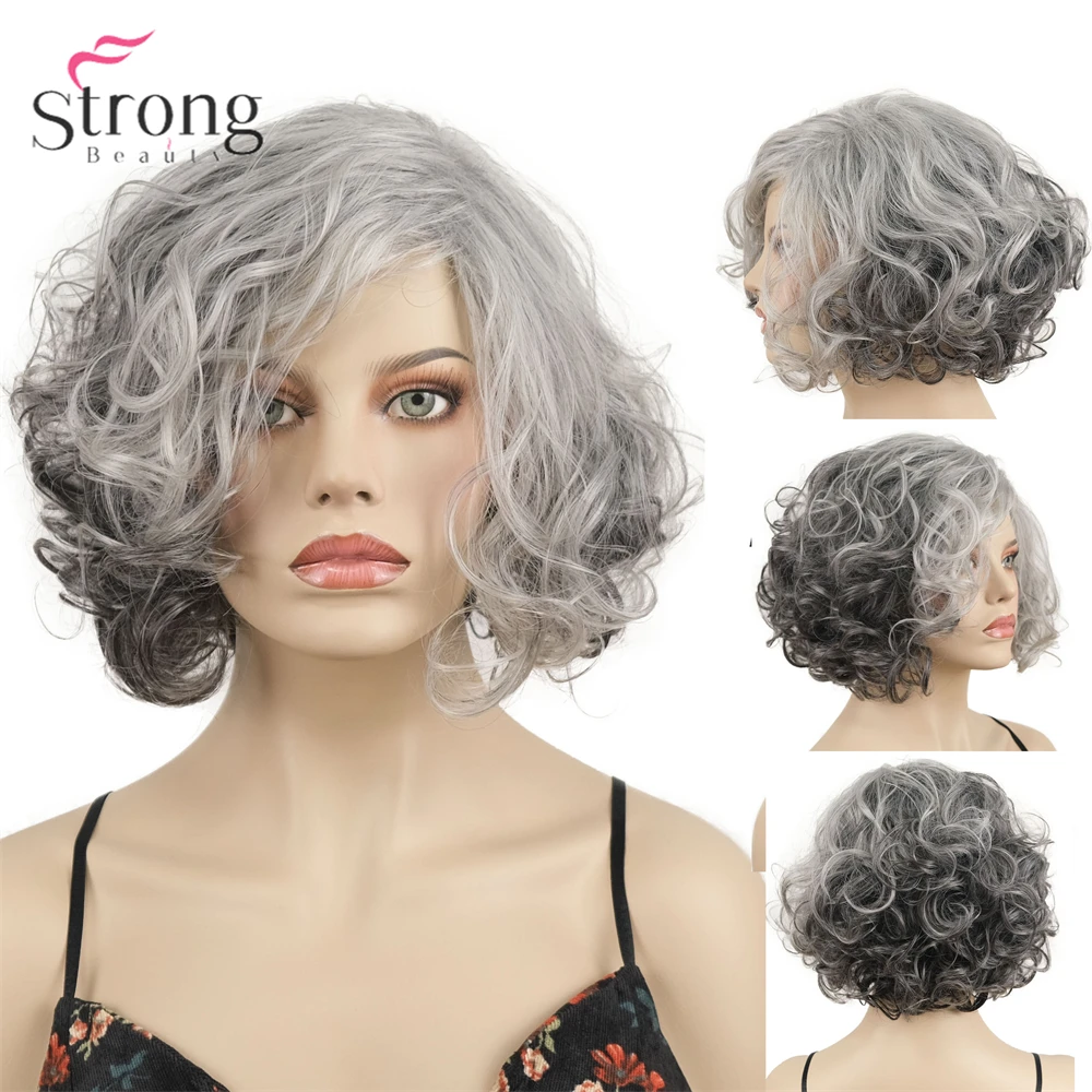 

StrongBeauty серый Shotr вьющиеся натуральные пушистые прически парики без шапочки-основы женский парик из синтетических волос