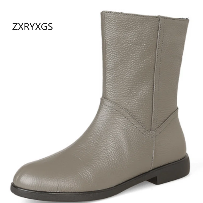 

ZXRYXGS Temperament Elegant Top Layer Cowhide in-tube Boots Flats 2025 New Autumn Winter Boots Comfortable Women's Trendy Boots