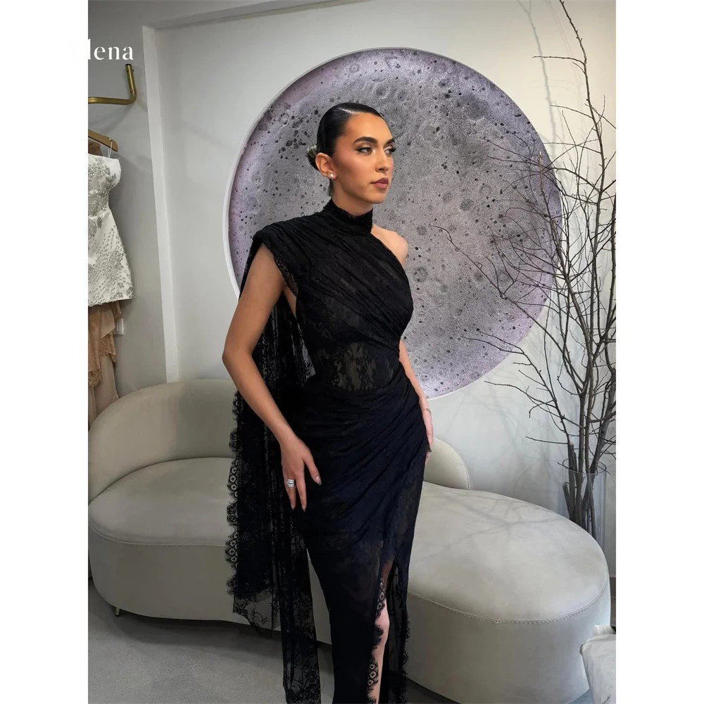 Elena Lace One-Shoulder Black Straight Elegant Evening Gown Luxury Formal Cape, High Slit Draped Customized Robes De Soirée