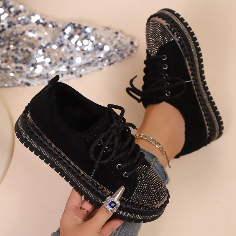

Thick-soled Round-toed Lace-up Rhinestone Fashionable, Versatile, Comfortable, Anti-slip and Breathable Women's Single Shoes