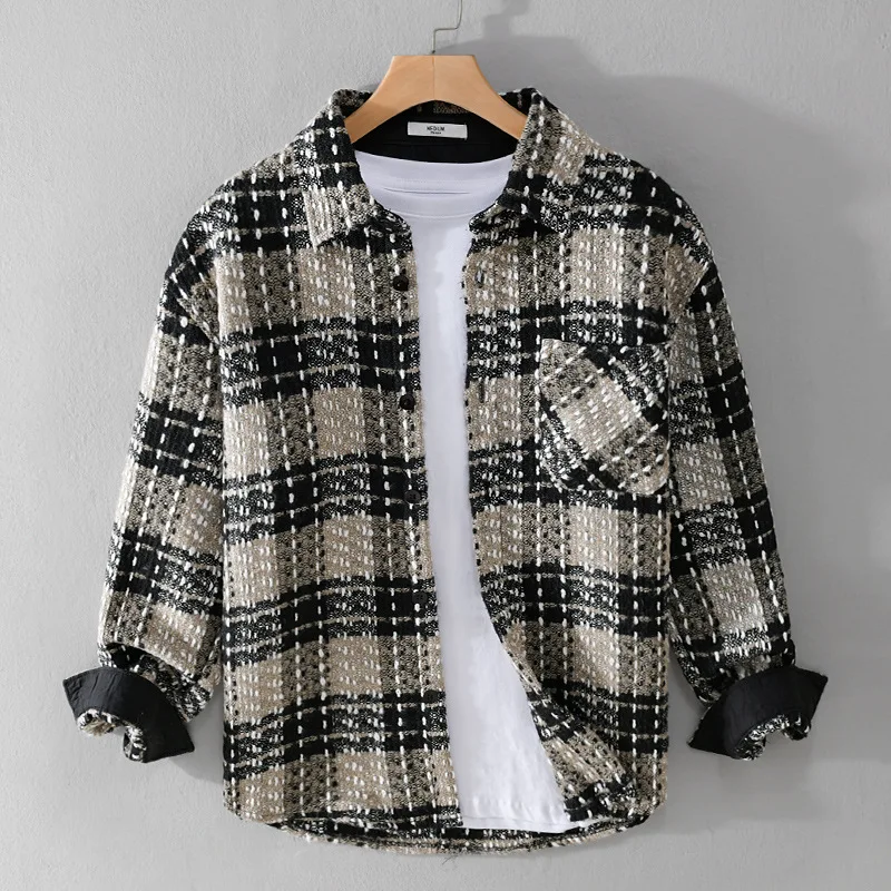 Autumn Winter New Retro Chic Polyester 100% Shirts Men's Thick Clothing Casual Plaid Loose Pocket Lapel Men Long Sleeve Tops