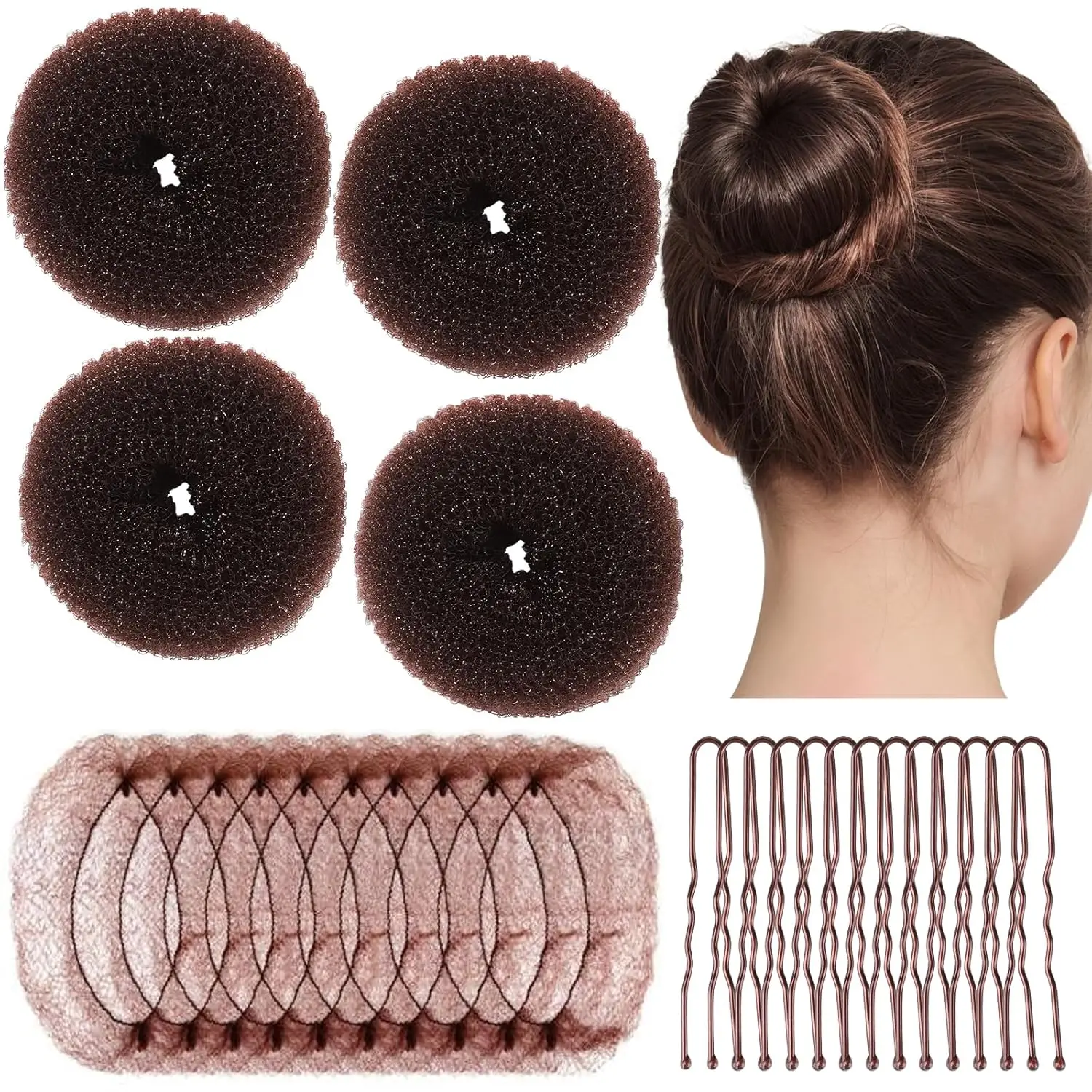 4 Pcs Small Hair Bun Maker for Kids, 10 Pcs 30cm Hair Nets, 20 U-Shaped Pins, Dark Brown Ballet Bun Kit